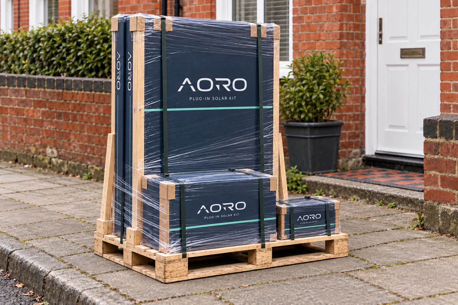 Dual kit packaging visualisation: two individually protected panels, mounting components and a separate accessory box. Packaging varies with the selected kit and panel size.