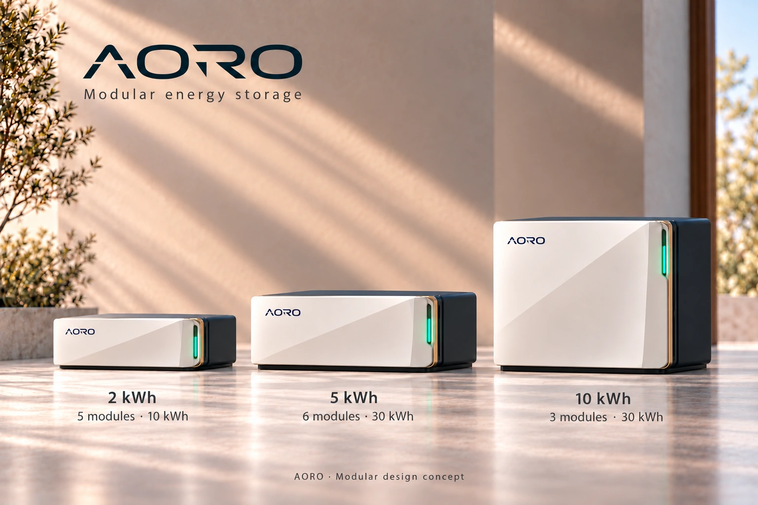 AORO modular battery design concepts: individual 2 kWh, 5 kWh and 10 kWh modules