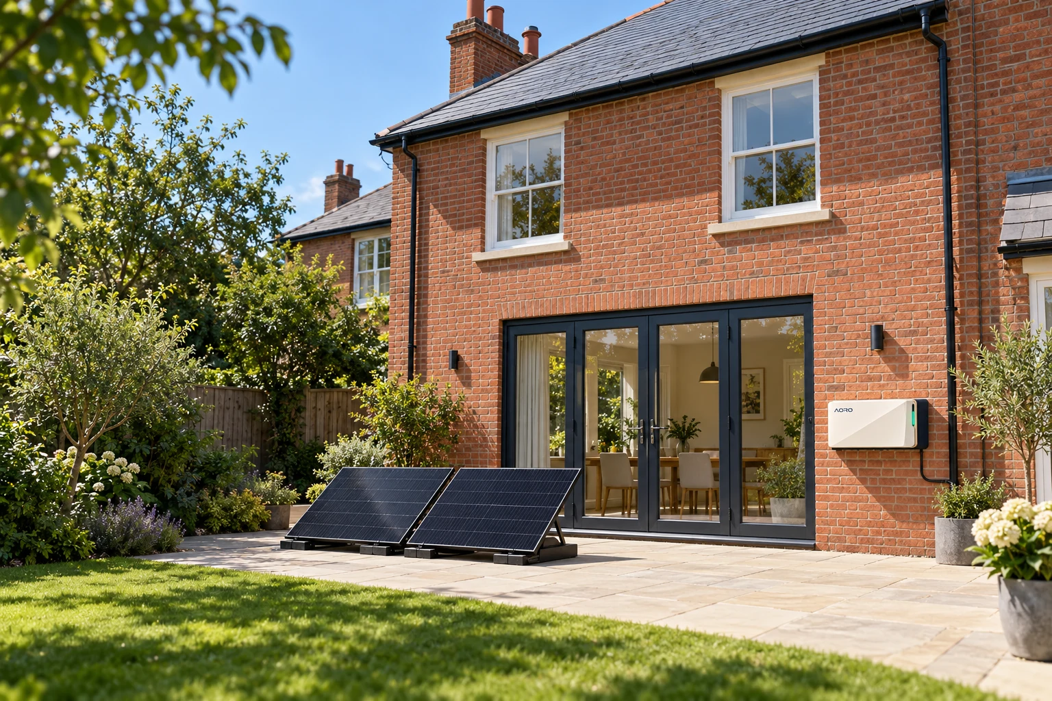 A British home with two solar panels and an AORO PRIME battery