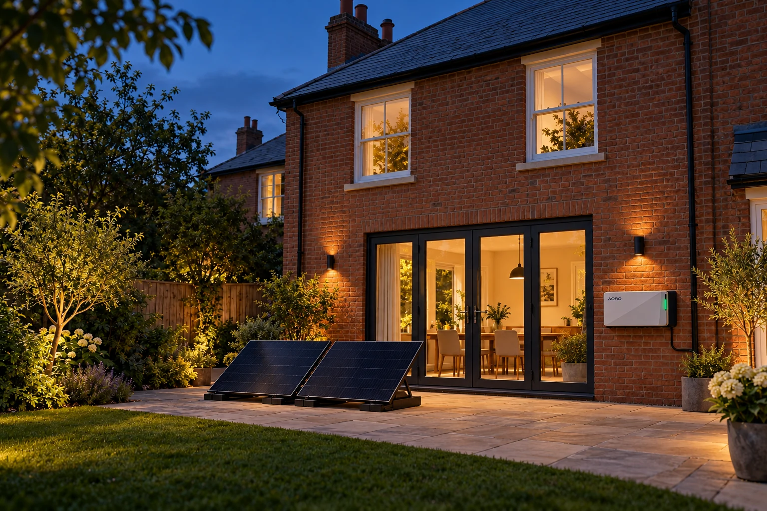 The same home after sunset with warm interior lighting