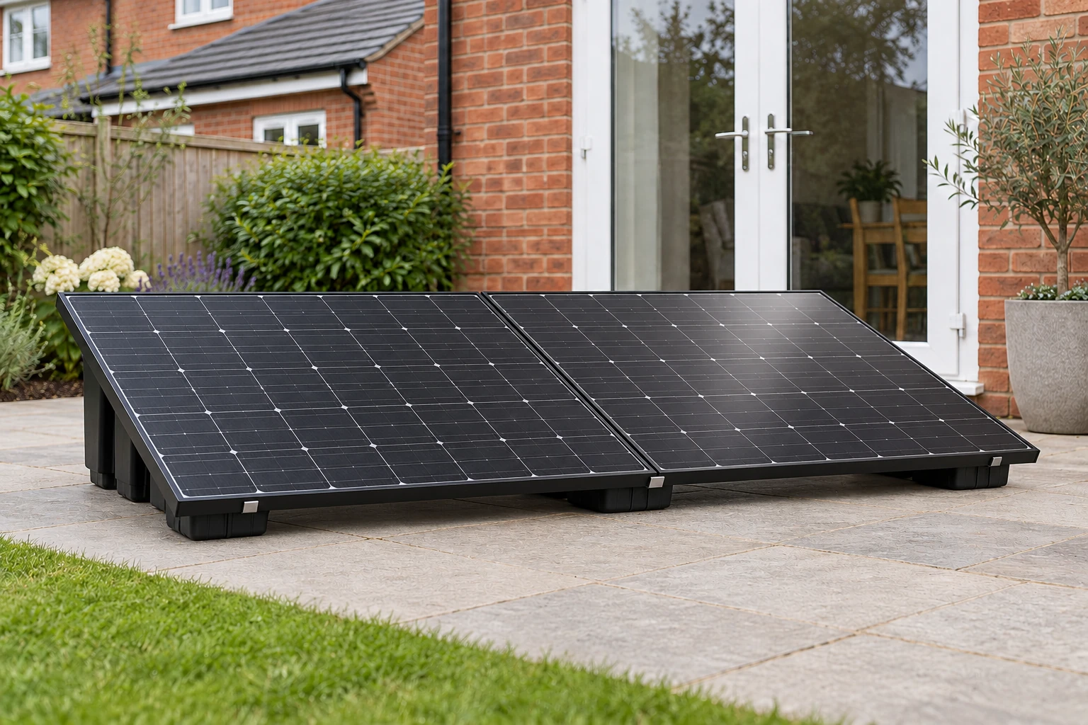 Plug-in solar kits: two-panel AORO system in a British garden, product visualisation