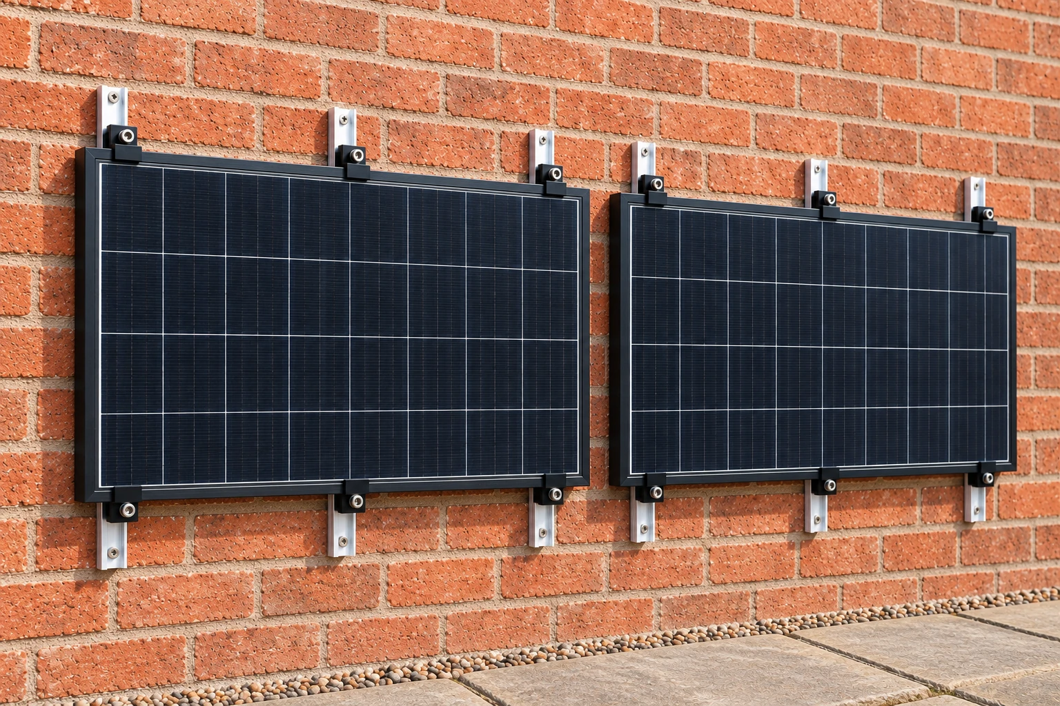 Two panels retained by twelve mini rails and sliding clamps on masonry, product visualisation
