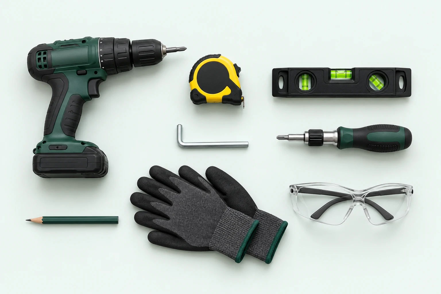 Measuring tape, spirit level, pencil, hex and torque tools, drill, gloves and safety glasses laid out for preparation