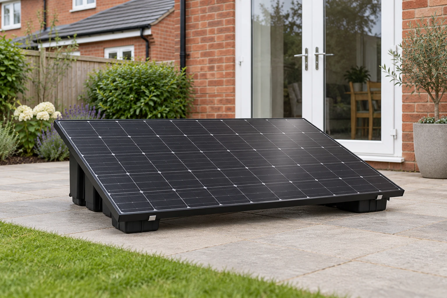 Plug-in solar panels UK: single panel on a low ground mount beside a British home, product visualisation