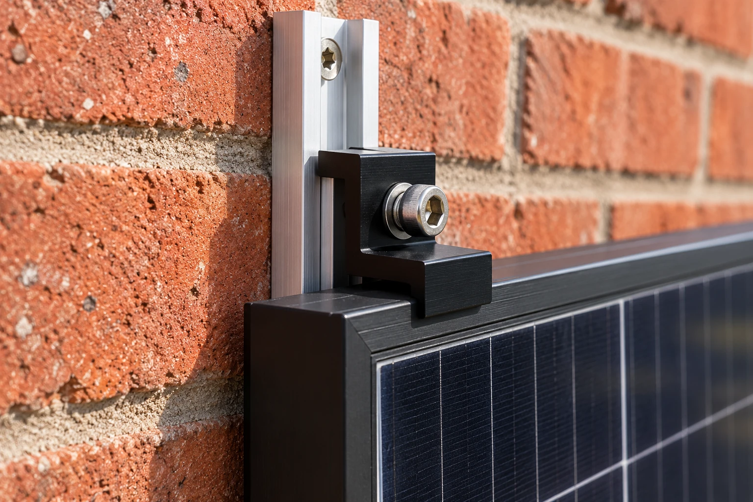 Sliding upper clamp overlapping the solar panel metal frame, product visualisation