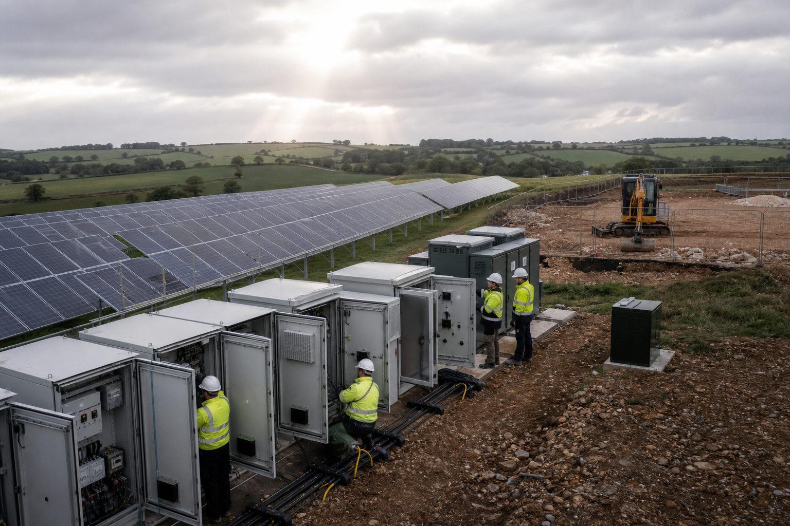 Solar installation team coordinating project delivery on site