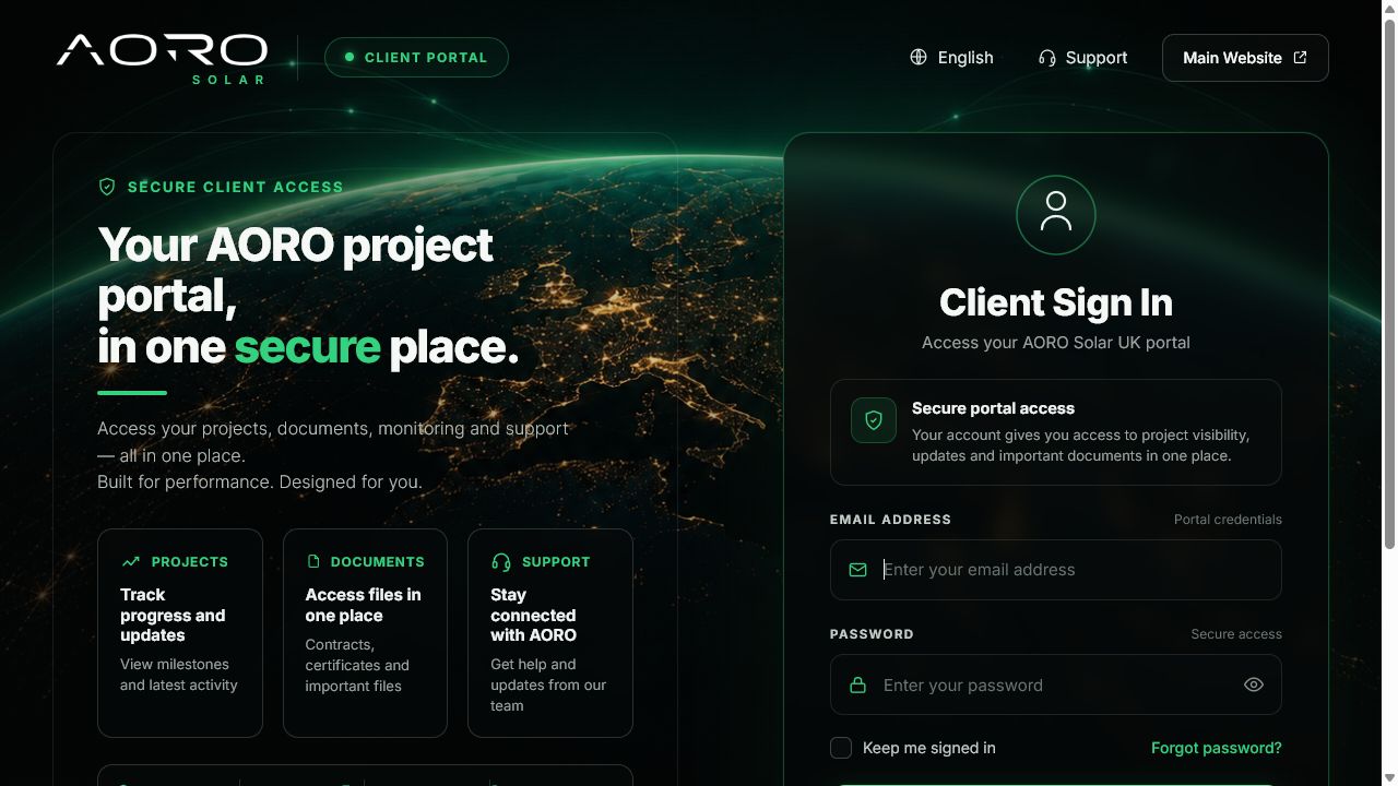 AORO OS client portal and sign-in screens