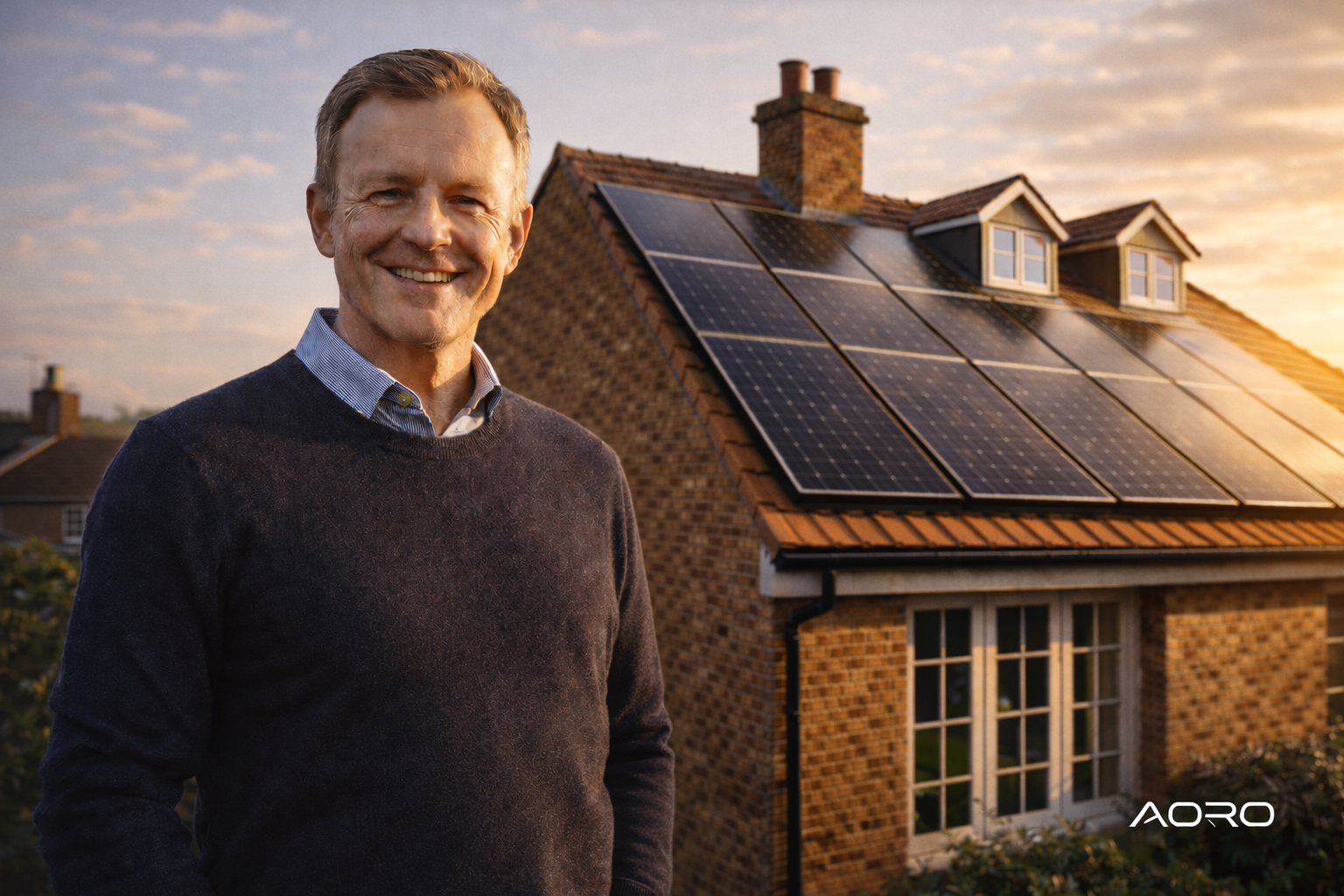 UK homeowner calculating solar panel ROI and savings with AORO Solar UK